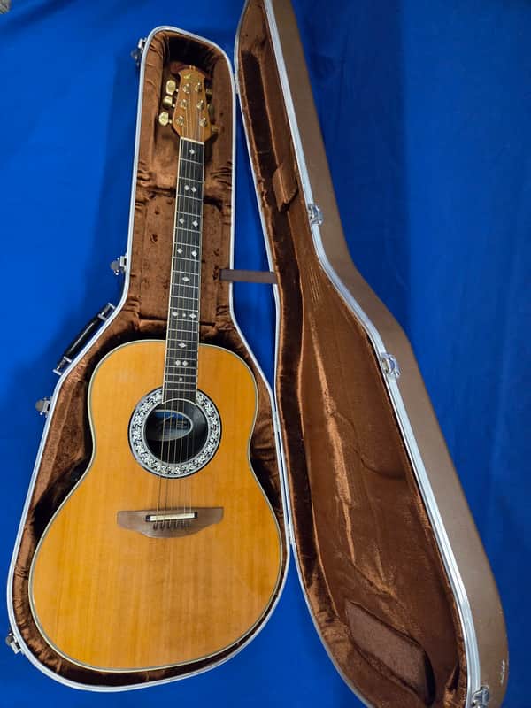 Brown and black acoustic guitar in a protective case.