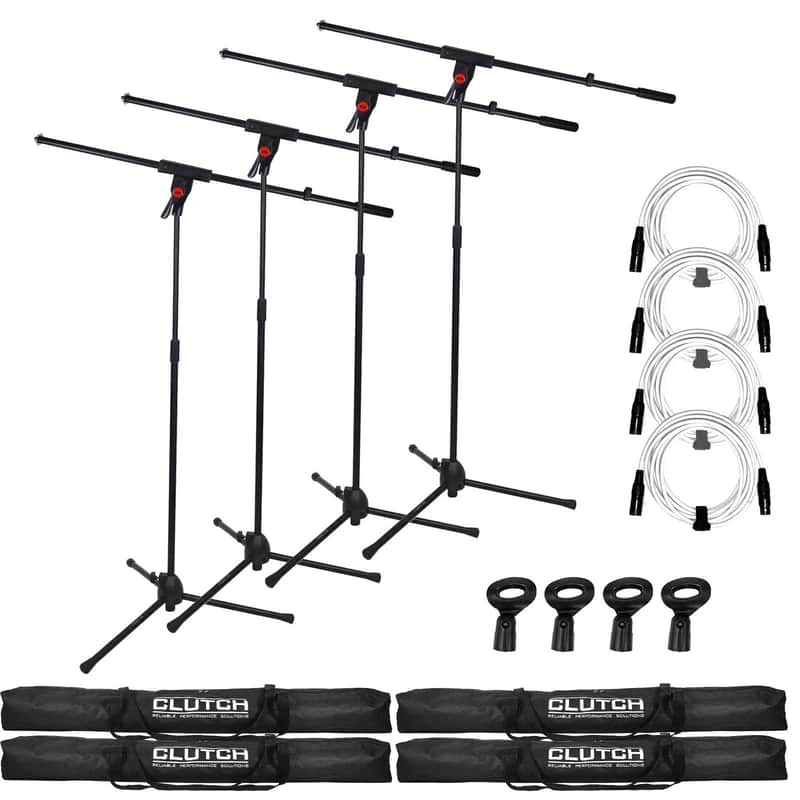 Pro Audio DJ Microphone Boom Stands w White XLR Cables, Clips & Bags 4 Pack image 1