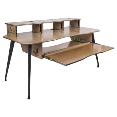 SDRK-SDF2B | DIY Music Recording Studio Desk Workstation w/ 3x4U Rack/Top Shelf, Sliding Keyboard Tray, Plywood, Weathered Brown image 2