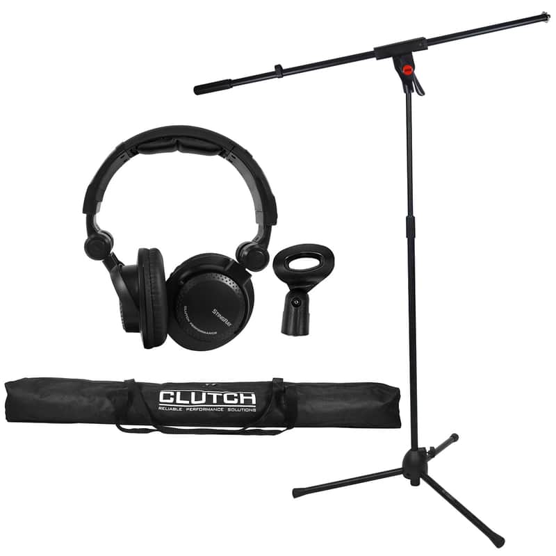 Microphone Stand Dual Mic Clip Boom Arm Foldable Tripod Clutch w Headphones image 1