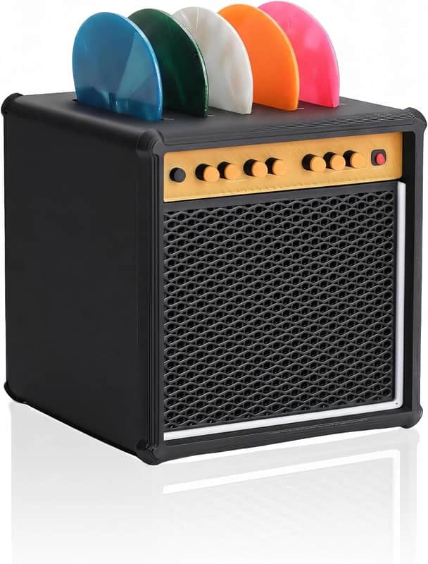 Guitar Picks Holder Box, Guitar Pick Display Holder, Amp Speaker Styled Pick Holder with 5 Celluloid Guitar Picks, Guitar Pick Storage Box Set for Guitar Players and Music Enthusiasts image 1