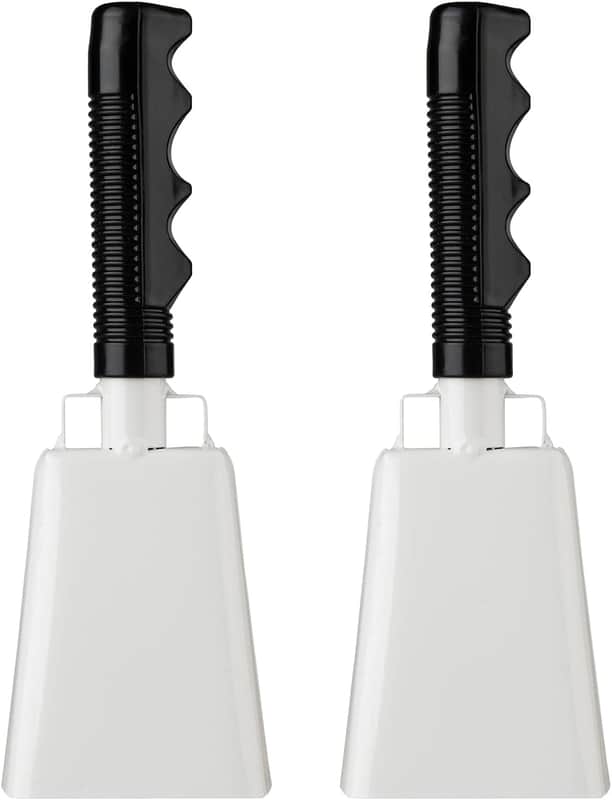Cowbells 2pcs,Steel Cow Bell 8 inch with Handle,Cheering Hand Bell for Sports Events,Football Games,Party,Farm,Hand Chimes Percussion Musical Instruments. (8 inch, White) image 1
