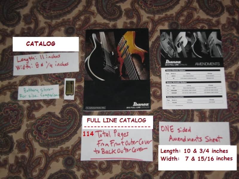very lightly handed, near A+ genuine Ibanez 2013 Full Line Catalog (114 total pages) + a one page Amendments sheet (states "For Authorized Dealers Only") Color Pictures and B & W Text, Thin Quality Paper, Semi-Gloss Sheen, CATALOG - L: 11" x W: 8 & 1/4" image 1