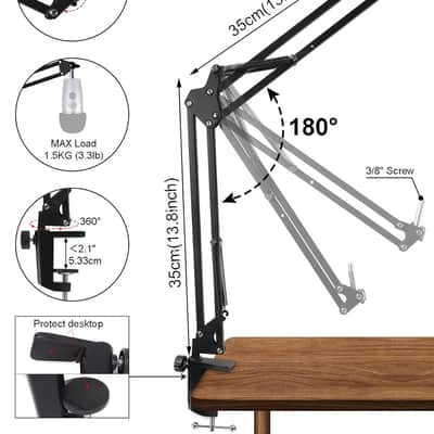 Mic Stand Boom Arm for Blue Yeti, Nano, HyperX and More Mic, Adjustable Boom Arm Desk Microphone Stand with 3/8" to 5/8" 1/4" Screw, Pop Filter Mic Clip Cable Ties image 2