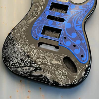 Glossy Black XGP Stratocaster Style Laser Engraved Guitar Body with Royal Blue Acrylic Mirror Pickguard and Tremolo Cover HSH, HSS, SSS Setups Available image 3