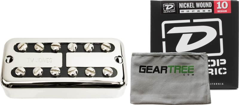TV Jones FTB-UVNKL TV Classic Universal Mount Nickel Bridge Pickup w/ Polish Cloth and Pack of Strings image 1