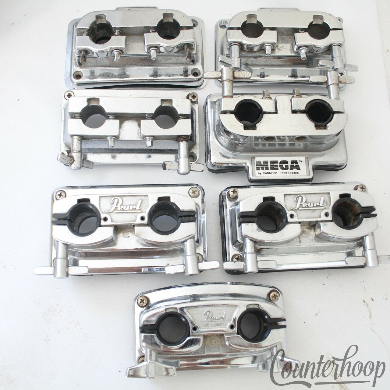 Pearl 1x Bass Drum Mount Double Tom Arm Post Receiver Vintage 80s Chrome Heavy — main photograph