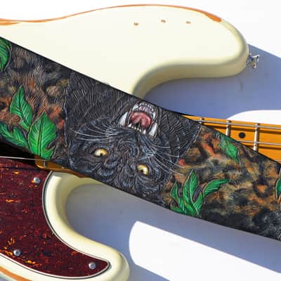 Burny Black Handmade Leather Guitar Strap: Black Panther_Carved & Painted, Custom Initials 2026(made to order) - oil image 15