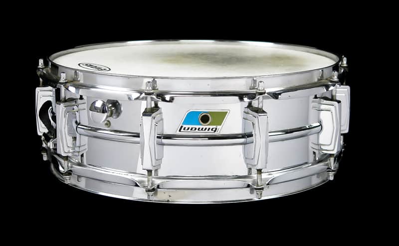 Ludwig No. 406 "B Stamp" Supraphonic 5x14" Chrome Over Brass Snare Drum with Cut Blue/Olive Badge 1970 - 1972 image 1