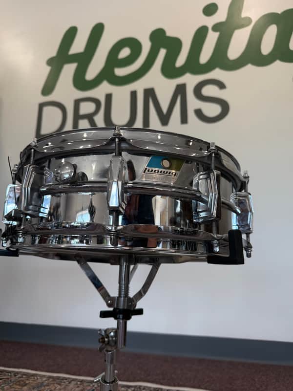 Ludwig No. 400 Supraphonic 5x14" 10-Lug Aluminum Snare Drum with Pointed Blue/Olive Badge 1969 - 1979 - Chrome-Plated image 1