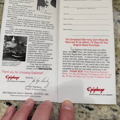 Epiphone Warranty Card Hang Tag 2000s les Paul SG flying V Explorer casino image 2