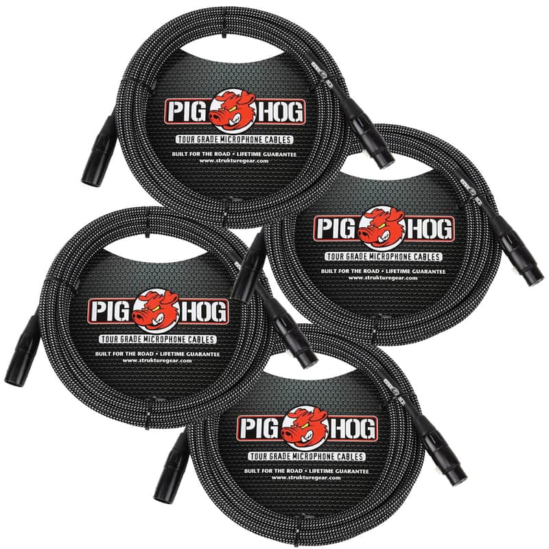 4 Pack Pig Hog PHM20BKW XLR High Performance B&W Microphone Cable, 20 Ft - New image 1