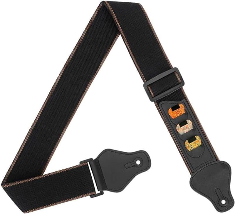 Guitar Strap, 100% Soft Cotton Guitar Straps With 3 Pick Holders For Bass, Electric & Acoustic Guitar (Black) image 1