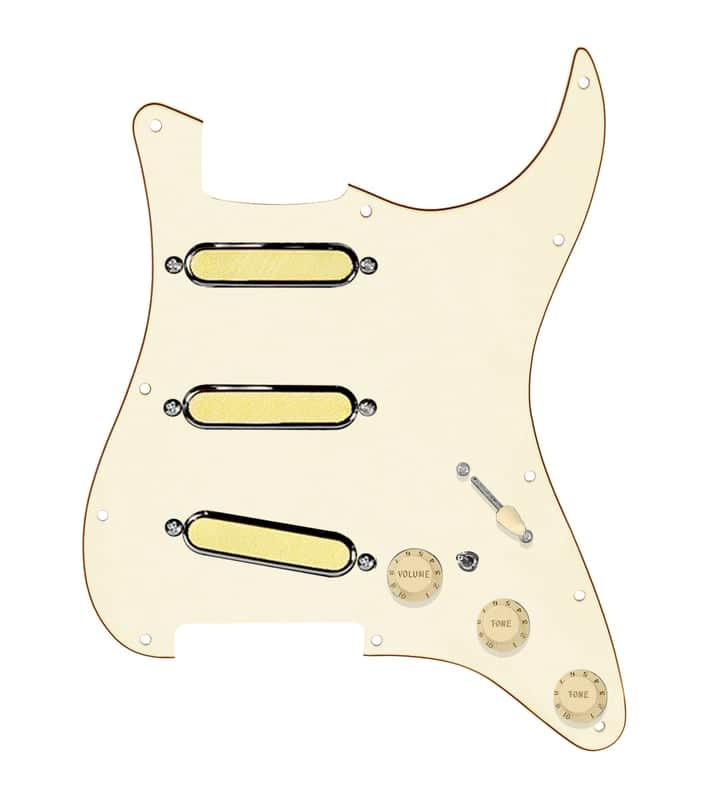 920D Custom Gold Foil Loaded Pickguard For Strat With Aged White Pickups and Knobs, Aged White Pickguard For Strat, and S7W-MT Wiring Harness image 1