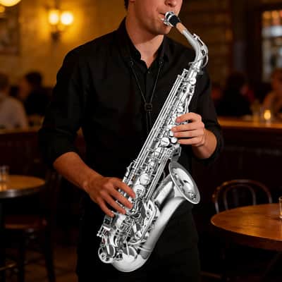 Leo Jaymz Eb Alto Saxophone - One-Piece Body or Neck Construction, H68 Brass, with Thickened Travel Bag - Nickel image 7