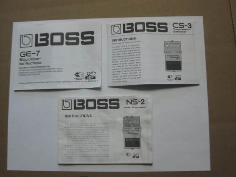 Boss original INSTRUCTIONS for GE-7, CS-3, and NS-2 (NO pedals, NO boxes, NO other items) 2010s (copyright years, 2010, 2015, and 2016) - white matte paper - black print, black graphic image 1