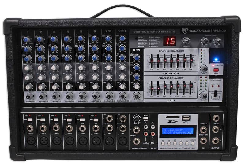 Rockville RPM109 12 Channel 4800w Powered Mixer, 7 Band EQ, Effects, USB, 48V image 1