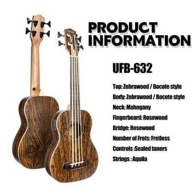 Fretless Ukulele Bass 4 String Zebrawood/Bocote Style Body, Mahogany Neck, Rosewood Fingerboard & Bridge, Aquila Strings, Sealed Tuners, Deep Warm Tone Travel Acoustic Bass image 4