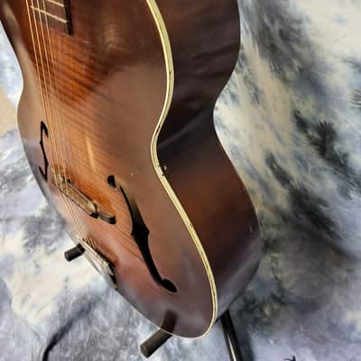 Vintage RARE 1940's Regal Arch Top and Back Faux Tiger Stripe Sunburst Acoustic Guitar Pro Setup New Strings Hard Shell Case image 6