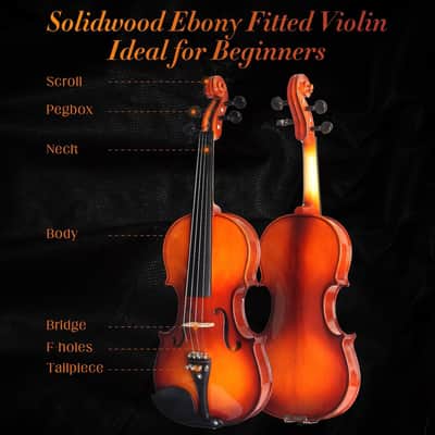 4/4 Violin For Beginners, Full Size Fiddle Set For Student, Solidwood Ebony Fitted Starter Violins Kit with Hard Case, Rosin, Bow, Stringed Musical Instruments image 3