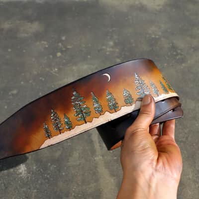 Burny Black Custom Guitar Strap - Pine trees Forest - Vegitable tanned leather For Acoustic or Electric Guitars made to order - oil image 6
