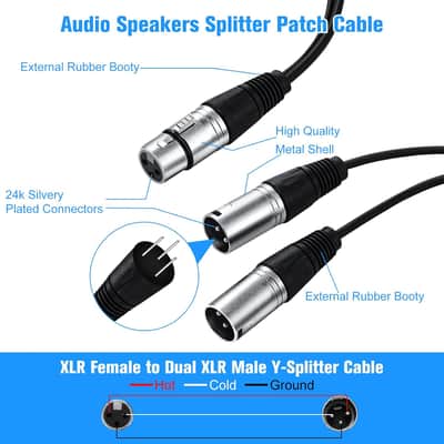 XLR Splitter Cable 1 XLR Female to 2 XLR Male Patch Y Cable Balanced Microphone Splitter Cord Audio Adaptor XLR Y Splitter Microphone Cable for Stereo Mic to L and R Audio Track, 1 Foot (10 Pcs) image 3