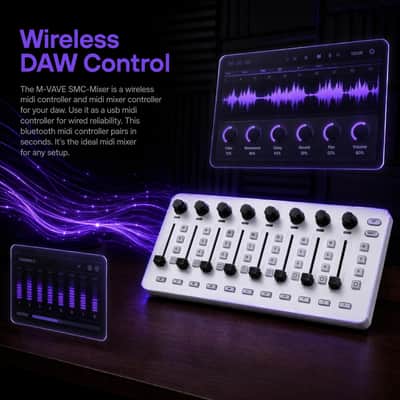 M-VAVE SMC-Mixer Wireless MIDI Mixer Controller, Portable Bluetooth MIDI Controller with 43 Backlit Buttons, 8 Faders & 8 Knobs, USB MIDI Fader Controller (SMC-Mixer White) image 2