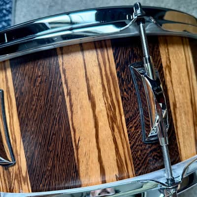 Like-New Daville (Doc Sweeney) Zebrawood/Wenge 14x6 stave snare, satin oil, Canopus wires, extra head, new extra wires image 5