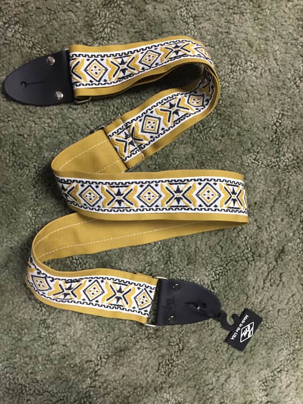 LM FF-55 GO Yellow Jaquard RETRO pattern GUITAR strap NEW nylon - LEATHER ends image 1