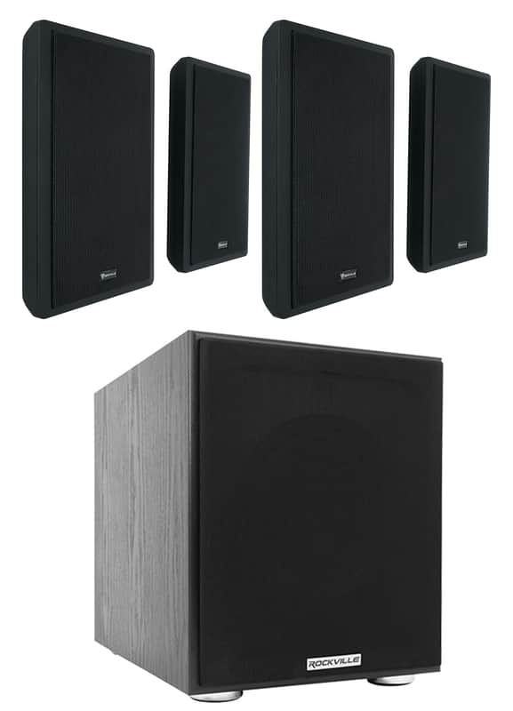 4) Rockville RockSlim Black Home Theater 5.25" 240w Wall Mount Slim Speakers+Sub image 1