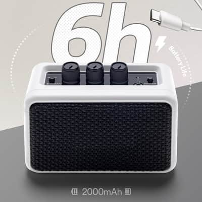 Mini Guitar Amplifier - 5W Dual Speaker BT Wireless Guitar Amp， Rechargeable Battery, Clean/Overdrive Modes, Headphone Jack,Ideal for Practice & Performance (White) image 3
