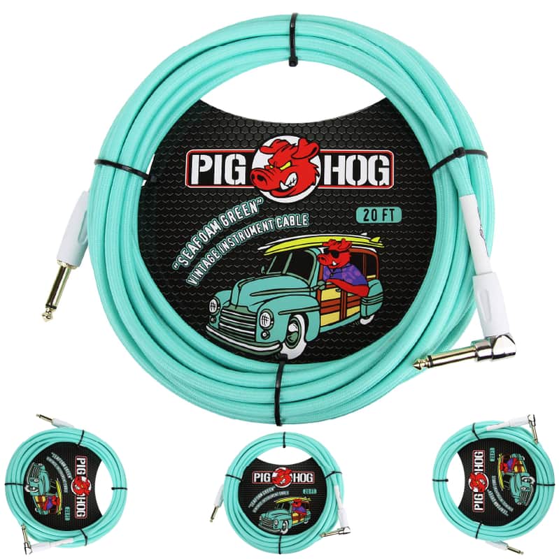 Pig Hog PCH20SGR 1/4' Straight to 1/4' Right-Angle Seafoam Green Instrument Cable, 20 feet image 1