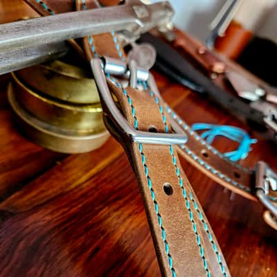Hand Made, Hand Stitched Guitar strap "Rockatansky" in Taupe & Turquoise- Vegetable Tanned Leather image 25
