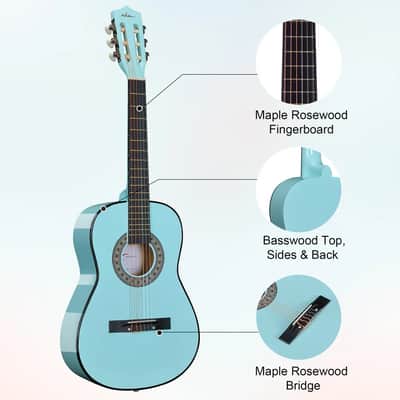 ADM Beginner Acoustic Classical Guitar 38 Inch Nylon Strings Wooden Guitar Bundle Kit for Kid Boy Girl Student Youth Guitarra Online Lessons with Gig Bag, Strap, Tuner, Strings, Cyan Green image 3