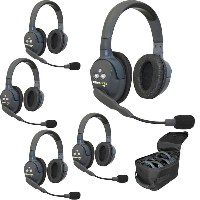 EARTEC UL5D Ultralite 5 Person Full Duplex Wireless Intercom System with 1x Dual-Ear Master Headset, 4X Dual-Ear Remote Headset, 5X Batteries, 8-Bay Charger and Softside Case image 1