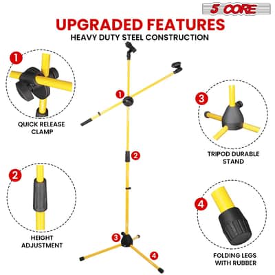 5 Core Dual Microphone Stand 2 Pack, Adjustable Tripod Floor Stand with Boom Arm, Yellow image 7