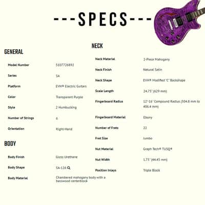 EVH SA-126 6-String Right-Handed Special QM Electric Guitar with 12 to 16-Inch Compound Ebony Fingerboard, 22 Jumbo Frets, and Triple Block Inlays (Transparent Purple Ebony) image 6