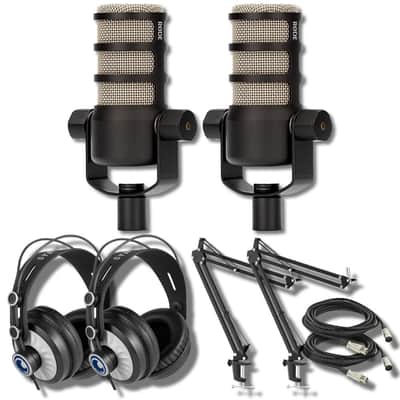 Rode PodMic Dynamic Podcast Microphone with StreamEye BOOMARM Mic Arms, Over-Ear Podcast Headphones, and 2 XLR Cables image 1
