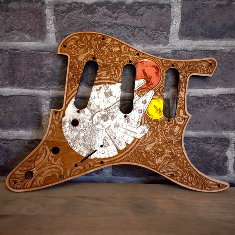 Hand-Painted Cherrywood Pickguard for Fender Stratocaster HSS/SSS – Laser-Engraved 'Stumble' Design image 1