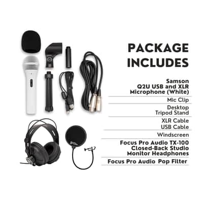 Samson Q2U USB and XLR Handheld Dynamic Microphone with Cardioid Polar Pattern (White) Bundle with Focus Pro Audio TX-100 Studio Monitor Headphones (Black), and Knox Gear Pop Filter (3 Items) image 7