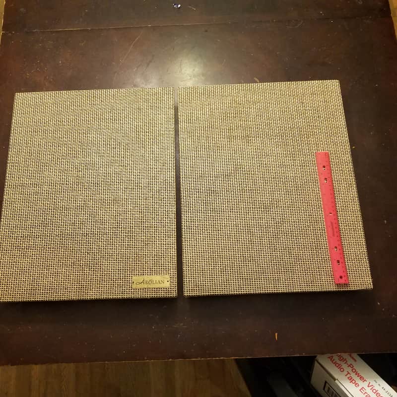 Aeolian vintage pair (2) 16" x 20" woven speaker grille cloth and baffle plywood 1960s - black and tan image 1