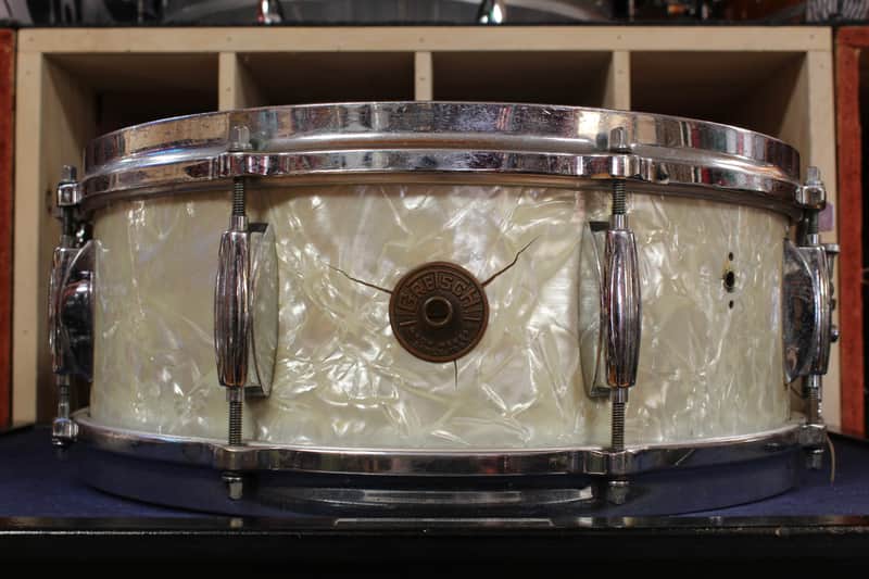 1960s Gretsch 5.5x14 Name Band Snare Drum in White Marine Pearl image 1