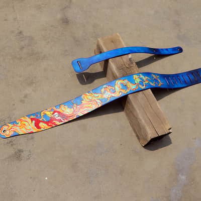 Burny Black handmade guitar strap leather - phoenix red/blue made to order - oil image 4