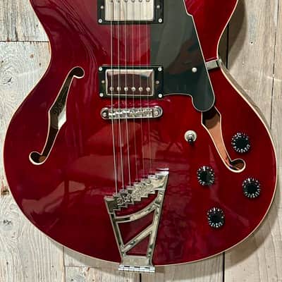 D'Angelico Premier DC Semi-Hollow Double Cutaway with Stairstep Tailpiece Trans Wine, Pro Setup Very Nice ! image 4