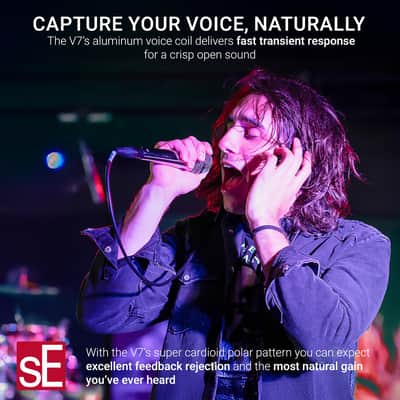 sE Electronics V7 Dynamic Microphone for Singing, Speech & Studio Recording - XLR Handheld Professional Microphone with Supercardioid Aluminum Voice Coil for Huge Gain Before Feedback - Brushed Nickel image 4