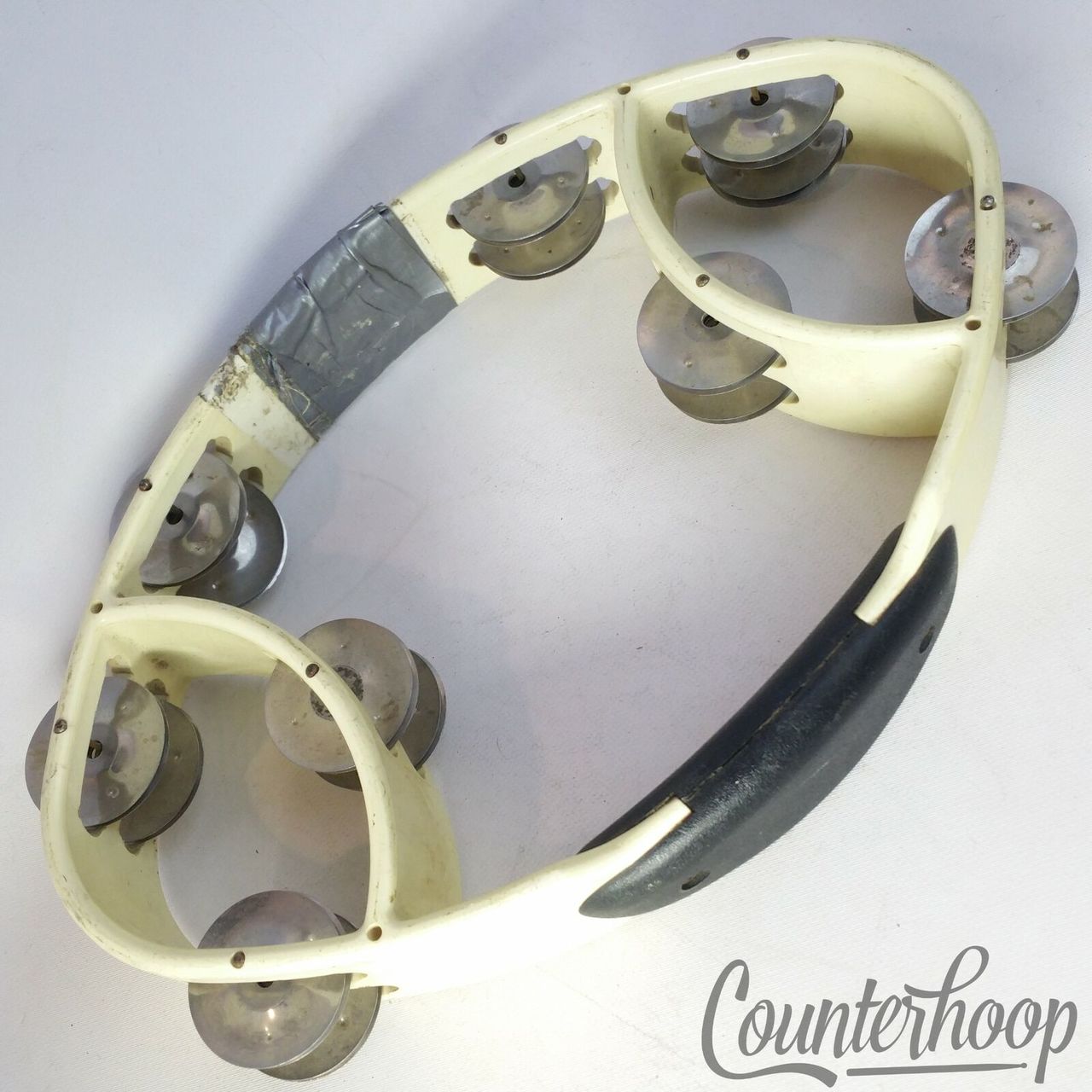 Tambourine, White Plastic ,11x7x2 inch Percussion Accessory Instrument* — main photograph