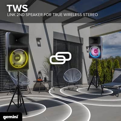 Gemini Sound GSP-L2200PK Indoor 2200 Watt Peak Bi-Amped Wired AC Powered Bluetooth DJ Speaker with 15" Inch Woofer, LED Party Lights, Built in Media Player, and Included Microphone and Speaker Stand image 5