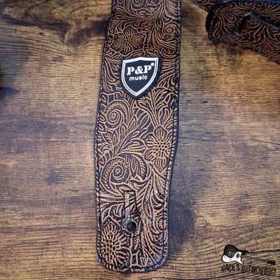 P&P Music PU Leather Guitar & Bass Strap - Tooled Floral Pattern *USED* (2020s - Brown) image 2