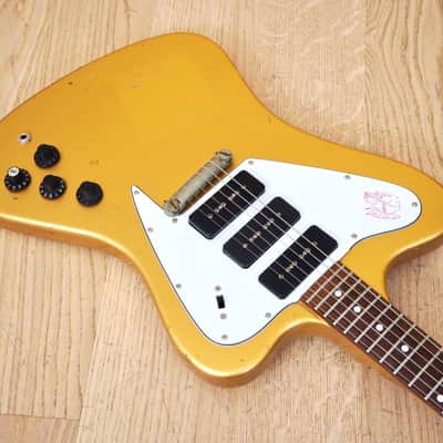 1980s Burny FB-85 F-Bird III Vintage Electric Guitar Gold Mist Poly P-90s, Japan image 9