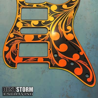 Engraved Pickguard & Free Tremolo Cover in Iridescent Gold Acrylic Mirror Design #2 for Fender Stratocaster HSH, HSS, SSS Setups Available image 1